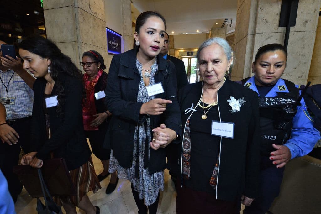 Austra Berta Flores (R), Olivia (C) and Berta Zuniga Caceres (L), mother and daughters respectively of murdered indigenous leader Berta Caceres, leave a hotel after meeting with the Speaker of the U.S. House of Representatives Nancy Pelosi and other US lawmakers in Tegucigalpa, on August 10, 2019.