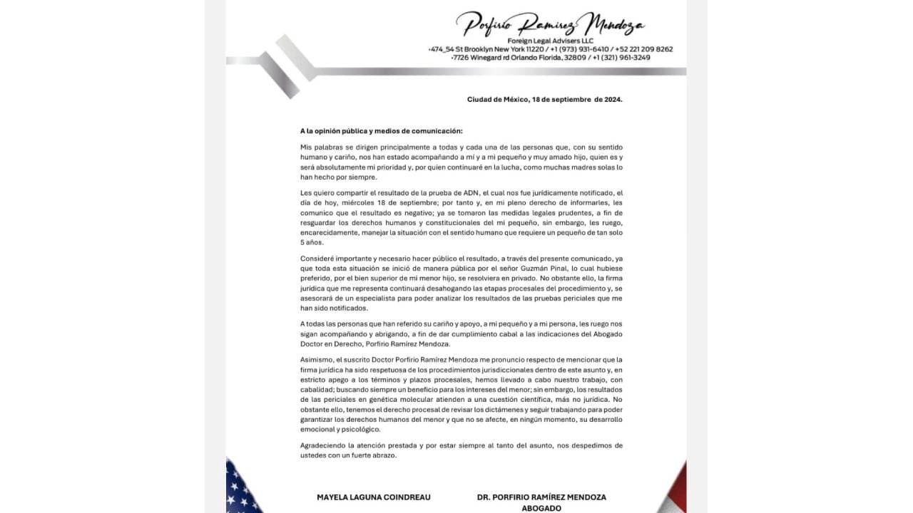 Comunicado de prensa de Mayela Laguna y sus abogados sobre paternidad de su hijo Apolo.
