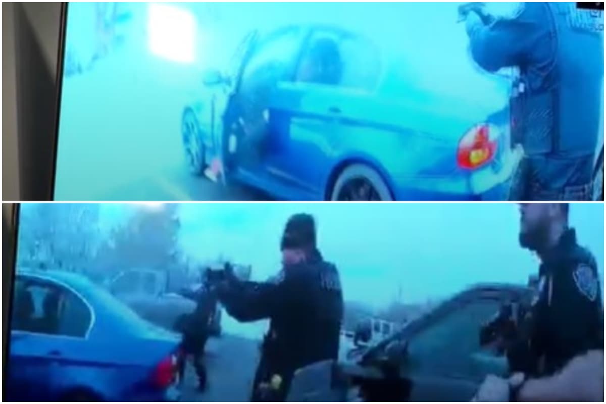 Un oficial abre la puerta para intentar sacarlo. El joven tenía el teléfono celular, que cambia a la otra mano, cuando de repente uno de los agentes comienza a gritar: "¡Pistola, pistola, pistola, pistola"!