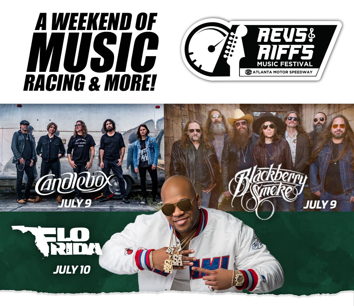 <b><a href="https://www.atlantamotorspeedway.com/events/quaker-state-400/revs-riffs-music-festival/">Revs and Riffs NASCAR at Atlanta Motor Speedway (del 8 al 10 de julio)</a></b>. Habrá actuaciones en una variedad de géneros musicales combinados con la acción en la pista diseñada para alimentar la necesidad de velocidad de los fanáticos.
