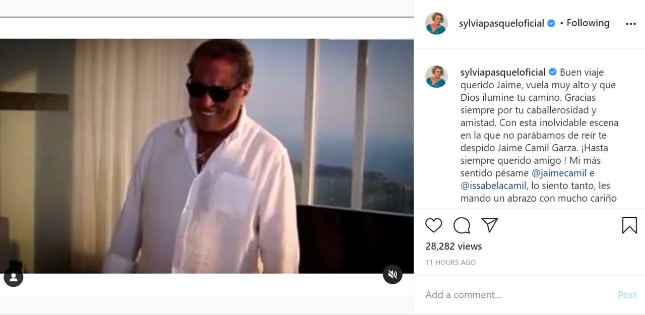 La actriz Sylvia Pasquel resaltó dos cualidades que distinguieron al empresario: "Buen viaje querido Jaime, vuela muy alto y que Dios ilumine tu camino. Gracias siempre por 
<b><a href="https://www.instagram.com/p/CIepZtkjVxV/?igshid=gcgx2rta90s0" target="_blank">tu caballerosidad y amistad</a></b>", escribió en Instagram.