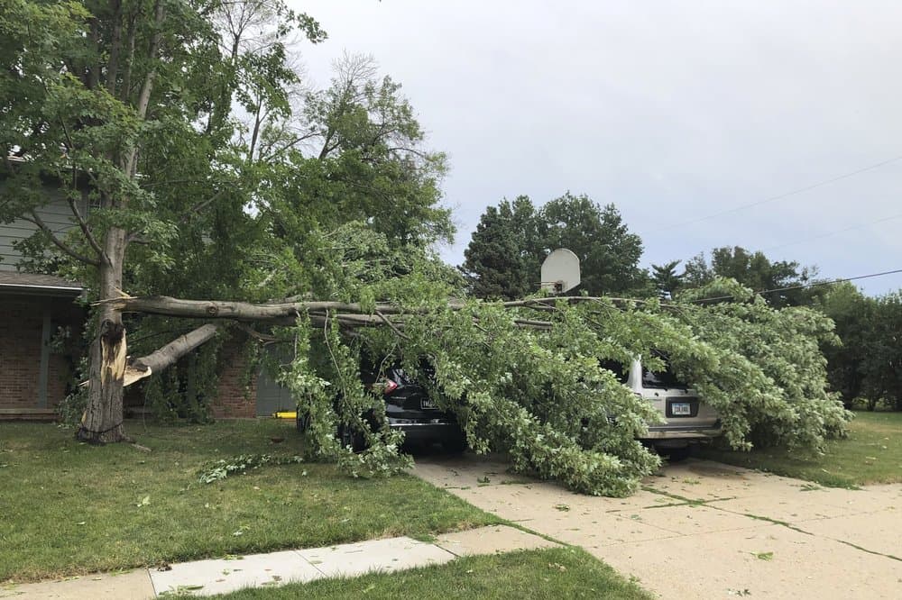 Un árbol cayó sobre los vehículos estacionados en la entrada al garage de esta casa en West Des Moines, Iowa. Lo que hace que un 'derecho' sea peor que un tornado es el tiempo que puede rondar en un lugar y el tamaño del área golpeada por los vientos.
