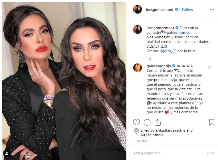 Esta fue la instantánea que causó controversia entre los seguidores: "Foto con la comadre @galileamontijo Nos vemos muy serias, pero en realidad creo que somos un verdadero ¡desastre! Gracias @jordi_80 por la foto", se lee en el mensaje.
<br>