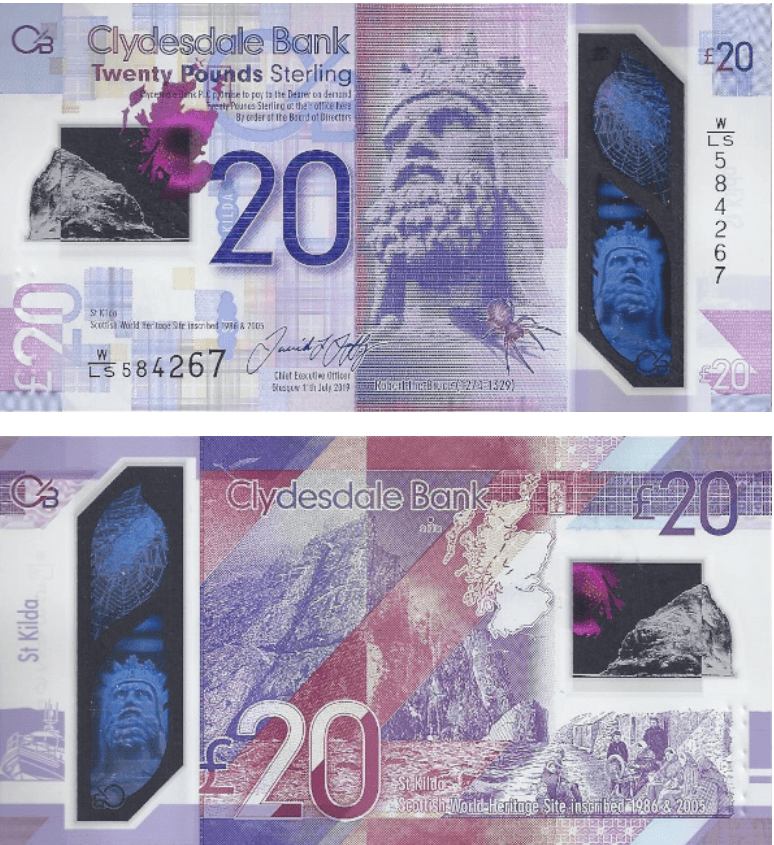 <h3 class="cms-H3-H3">5. Escocia (20 libras del Clydesdale Bank)</h3>
<br>
<br>En la parte frontal se puede ver el logotipo del banco, el mapa del país y 
<a href="https://www.theibns.org/joomla/index.php?option=com_content&view=article&id=780&catid=13&Itemid=51" target="_blank">una imagen de Robert the Bruce con cota de malla y corona. </a>
<br>
<br>Mientras tanto en el reverso, acompañando al predominante morado, hay un texto en inglés junto al logotipo del banco, una embarcación, la imagen de St. Kilda, mapa de Escocia, una calle vieja y una turba conformada por un niño con gorra, un hombre con sombrero y algunas mujeres.