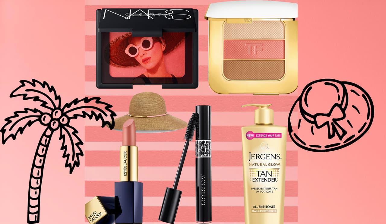 Para las que ni en la playa pierden el estilo el maquillaje es básico. Para darle color a tu piel te recomiendo la edición limitada del Blush Orgasm de Nars y el Soleil Contouring Compact de Tom Ford. En los labios lleva un tono nude, como el de Pure Color Lipstick de Estée Lauder. En las pestañas tienes que usar una mascara de pestañas resistente al agua como Diorshow de Dior. La crema Tan Extender de Jergens te ayuda a mantener el bronceado.