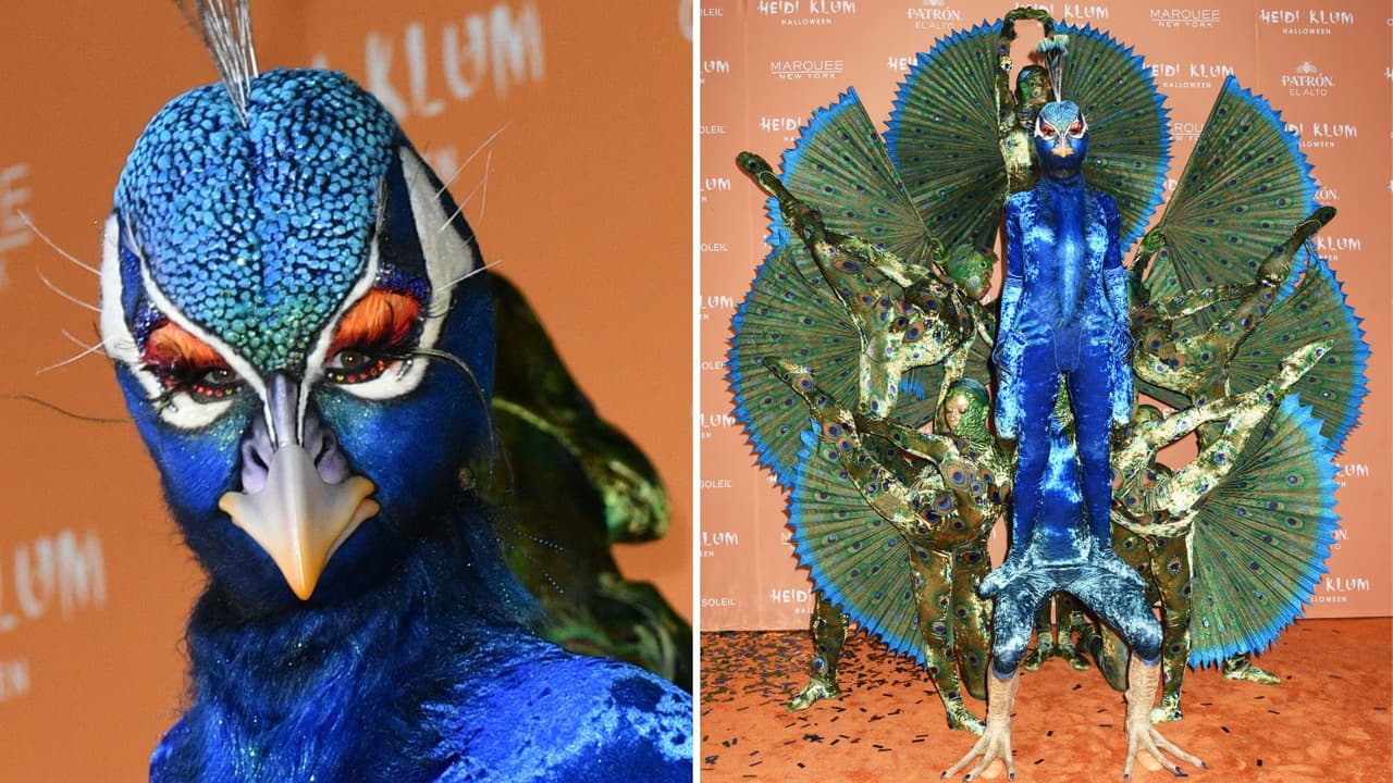 Heidi Klum luce espectacular disfraz de pavo real y convierte en huevo a su esposo para Halloween