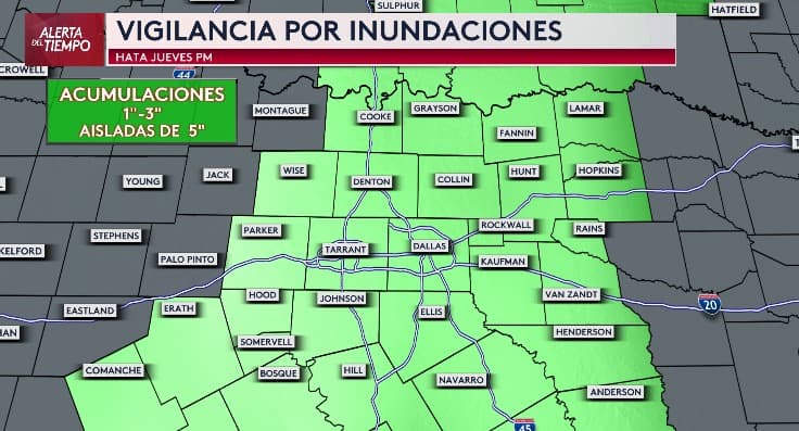 Se ha emitido una vigilancia por posibles inundaciones en el Metroplex hasta el jueves por la mañana. Existen probabilidades de acumulaciones entre 1 y 3 pulgadas, y en casos aislados hasta 5 pulgadas, debido a la saturación del suelo por las lluvias de los últimos días.