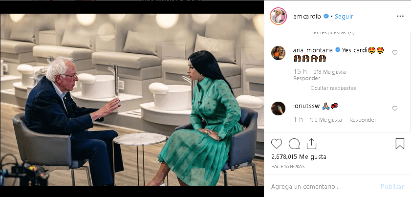 "Gracias, senador Bernie Sanders, por sentarse conmigo y compartir sus planes sobre cómo va a cambiar este país", escribió la artista de 26 años en el pie de foto de su 
<b><a href="https://www.instagram.com/p/B0hWEaKAa1x/" target="_blank">publicación</a></b>.