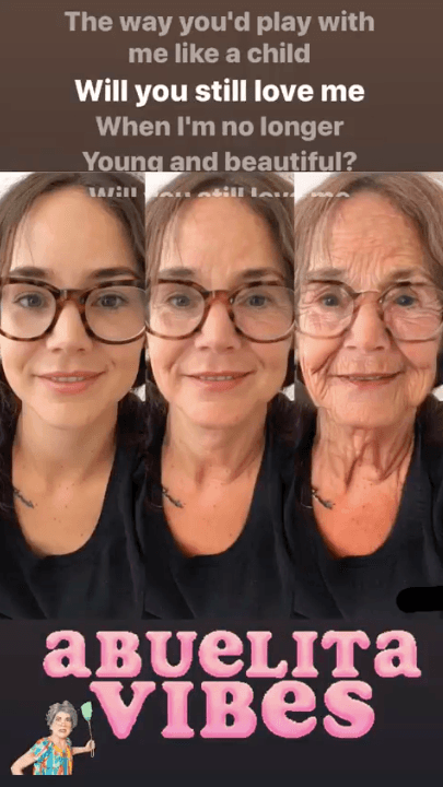 La actriz Camila Sodi, de 33 años de edad, compartió en Instagram Stories una imagen comparativa del hoy y del cómo se verá en unas tres o cuatro décadas.