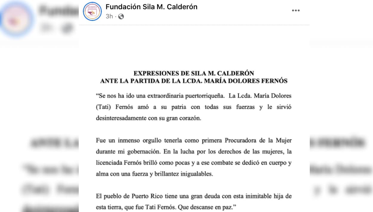 Con estas expresiones, la exgobernadora reaccionó a la muerte de María Dolores Fernós.