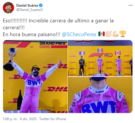 No dejan de caer felicitaciones en las redes sociales para Sergio Pérez tras su victoria en las Formula 1. ¡Histórico!