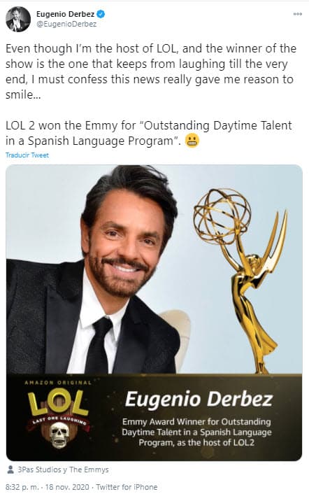El 18 de noviembre se convirtió en ganador de su 
<b>primer EMMY</b>, el cual obtuvo en la categoría Premio Emmy Diurno como El Presentador de Programa Diurno Destacado en Español, gracias a la conducción del programa 'LOL: Last One Laughing'.
<br>
