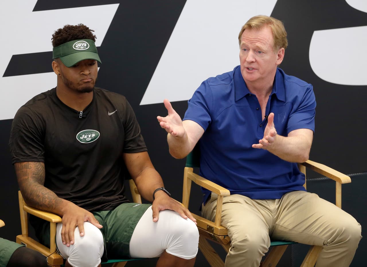 New York Jets Jamal Adams and NFL commissioner Roger Goodell take questions from fans as part a of fan forum during a NFL football training camp in Florham Park, N.J., Monday, July 31, 2017. (AP Photo/Seth Wenig)