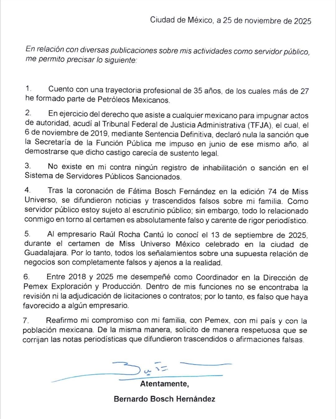 Comunicado de Bernardo Bosch.