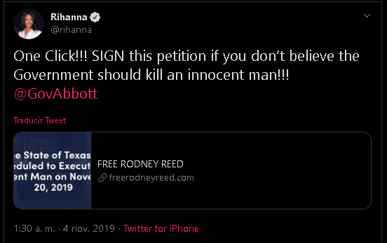 "¡Un clic! ¡Firma esta petición si crees que el gobierno no debe matar a un hombre inocente!",
<b><a href="https://twitter.com/rihanna/status/1191256275818029056" target="_blank">escribió la cantante</a></b> en su red social.