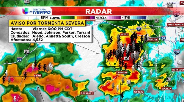 AVISO POR TORMENTAS SEVERAS para los condados de Johnson, Parker, Tarrant y Hood