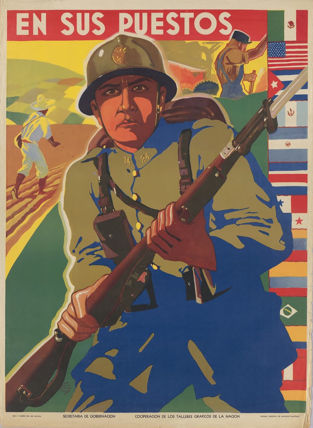 Esta pintura de Mariano Martínez para los Talleres Gráficos de la Nación fue auspiciada por la Secretaría de Gobernación para enaltecer la unión de países sudamericanos a los Aliados en contra de los países del Eje.