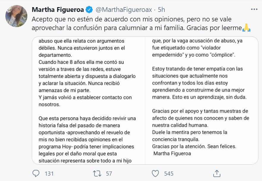"Hago saber que esa grave e injuriosa denuncia pública carece de verdad […] Alejandro no participó en los hechos de abuso que ella relata con argumentos débiles. Nunca estuvieron juntos en el departamento", explicó sobre su hijo, quien en ese entonces tenía 16 años.
<br>