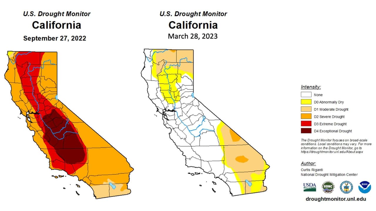 Comparativa de las condiciones de sequía en California el 27 de septiembre de 2022 y el 28 de marzo de 2023