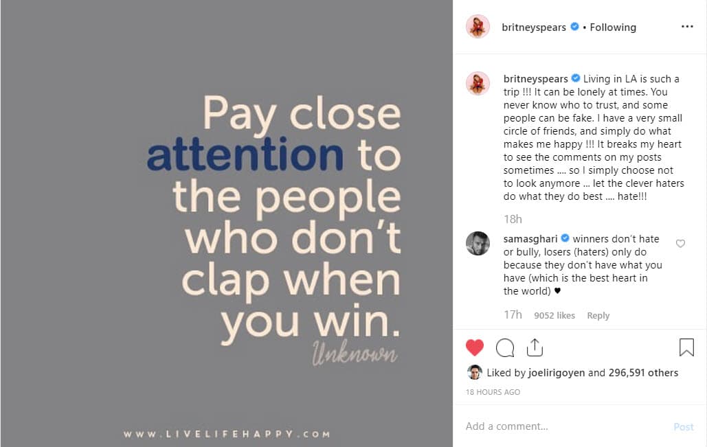 En esta ocasión, compartió este mensaje en su cuenta de Instagram: "Presta mucha atención a las personas que no aplauden cuando ganas".
<br>