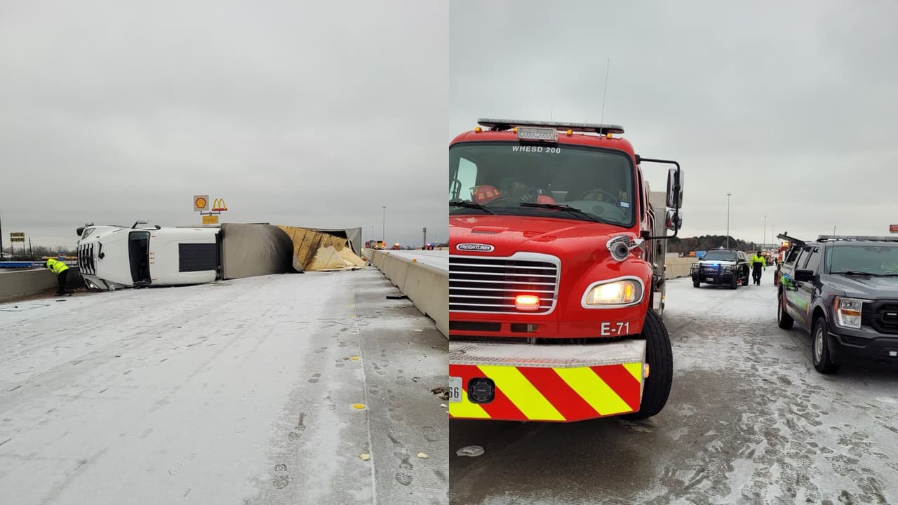 Reportan el volcamiento de un camión de 18 ruedas en el condado Waller durante el frente frío ártico