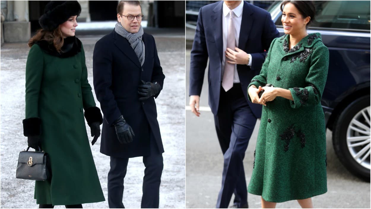 <b>Verde esmeralda:</b> El as bajo la manga de las duquesas fueron los abrigos línea A en colores contundentes -con un toque ligeramente retro, como estos en verde esmeralda. Para su tour por Suecia, Kate Middleton eligió uno de Catherine Walker con toques de pieles en el cuello y mangas mientras que Meghan se decantó por un twinset de Erdem con vestido coordinado debajo.