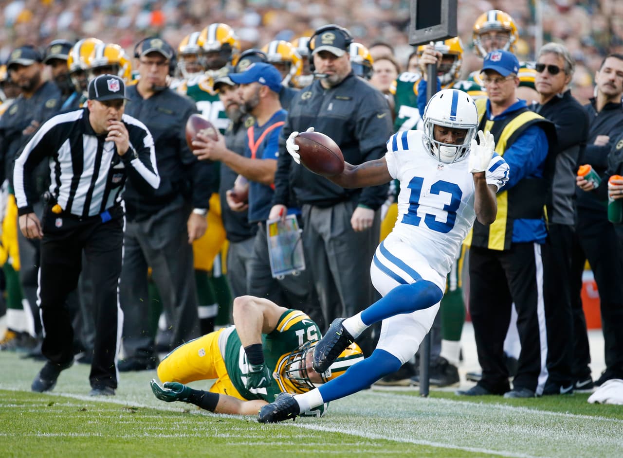 Indianapolis Colts' T.Y. Hilton catches a pass during the first half of an NFL football game against the Green Bay Packers Sunday, Nov. 6, 2016, in Green Bay, Wis. (AP Photo/Mike Roemer)