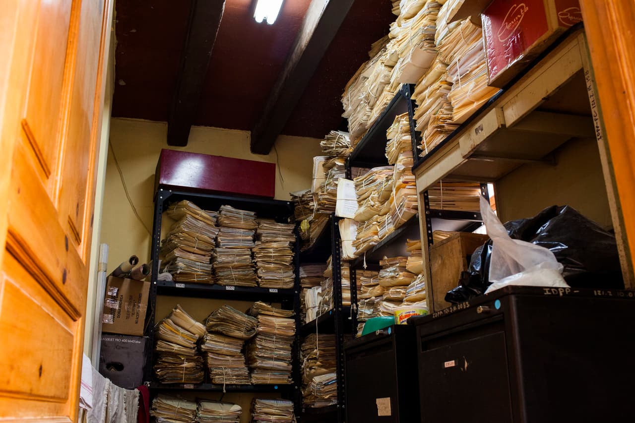 Hundreds of case files stored in the Institute of Criminal Public Defense’s warehouse in Nebaj, Guatemala. Last year, this public defender’s office handled 202 cases.