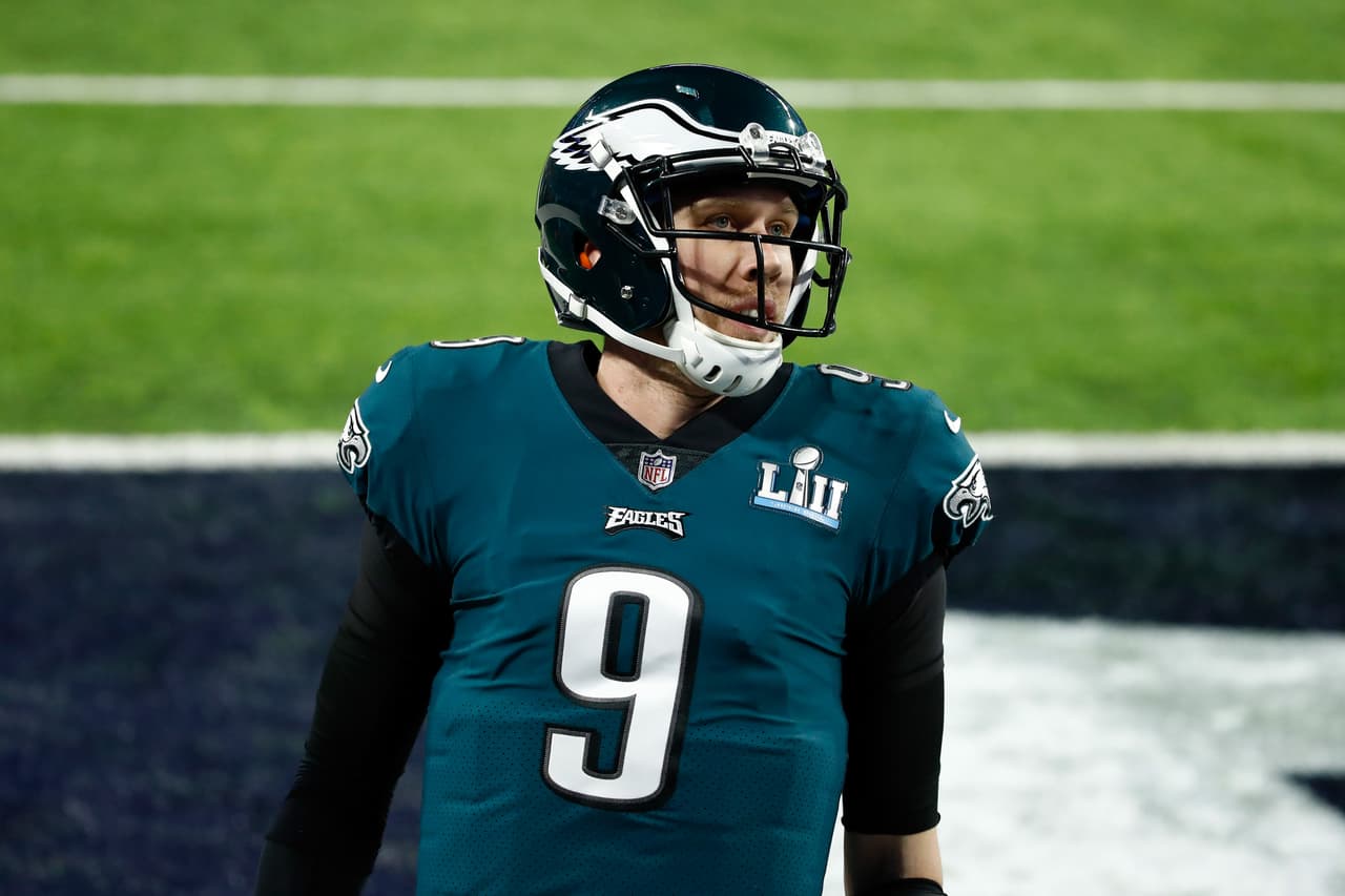 Nick Foles #9 of the Philadelphia Eagles reacts late in the fourth quarter against the New England Patriots in Super Bowl LII at U.S. Bank Stadium on February 4, 2018 in Minneapolis, Minnesota.