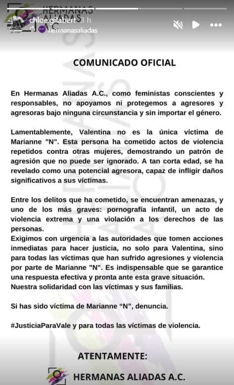 Chloe, hermana de Valentina Gilabert, víctima de Marianne Gonzaga, compartió el comunicado de Hermanas Aliadas A.C.