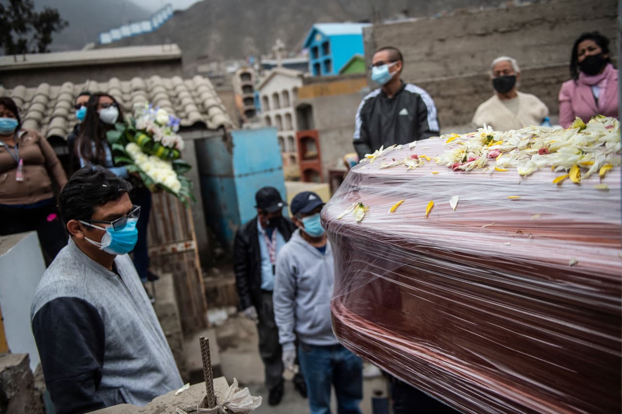 Familiares entierran a sus seres queridos fallecidos a causa del covid-19 en el distrito de Comas, en el norte de Lima.