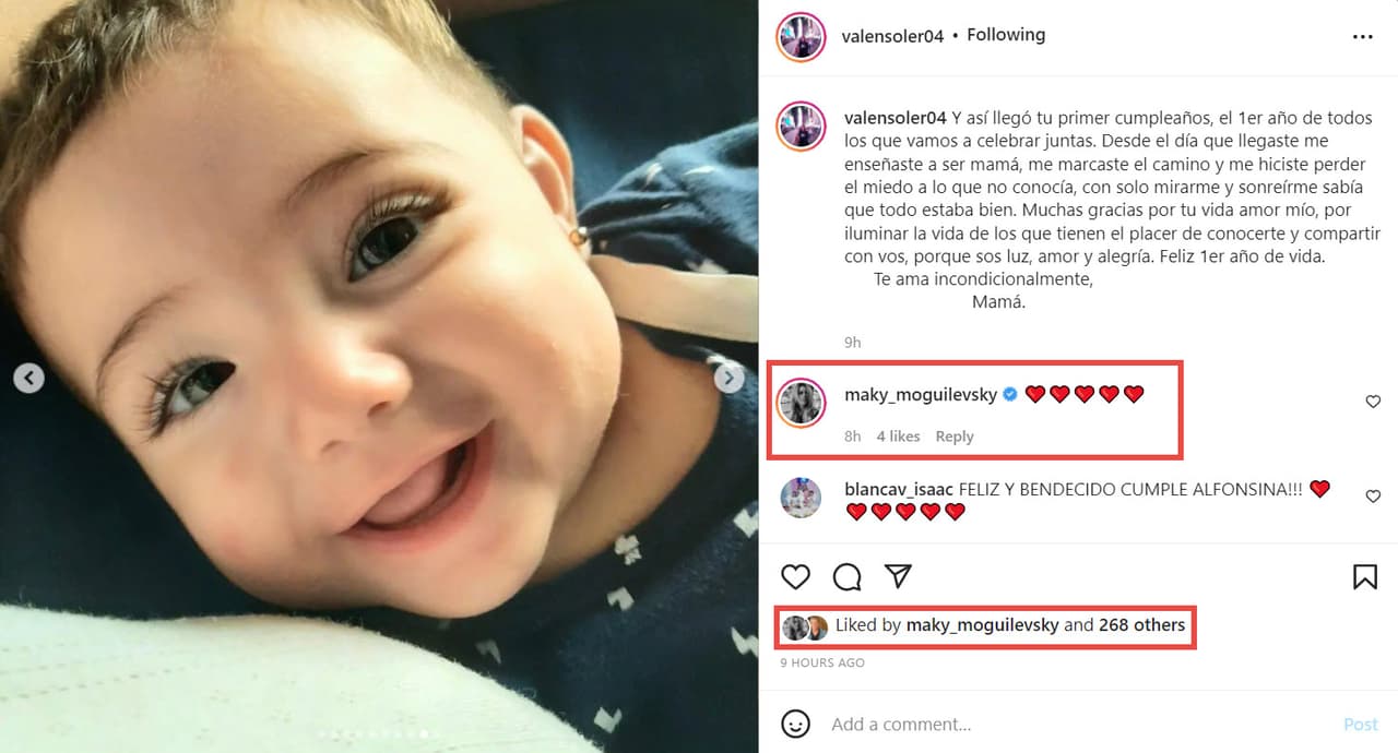 Valentina Soler celebra el primer cumpleaños de su hija Alfonsina.