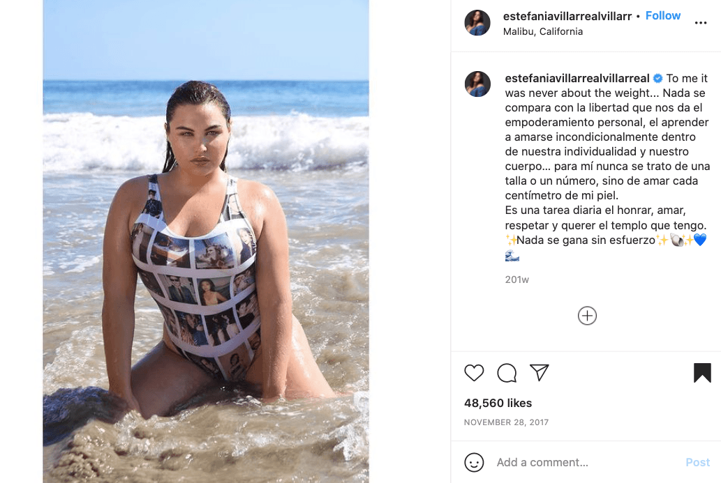 En una publicación de 2017 en Instagram, Estefanía dijo que su cambio “nunca fue por el peso… Nada se compara con la libertad que nos da el empoderamiento personal, el aprender a amarse incondicionalmente…”