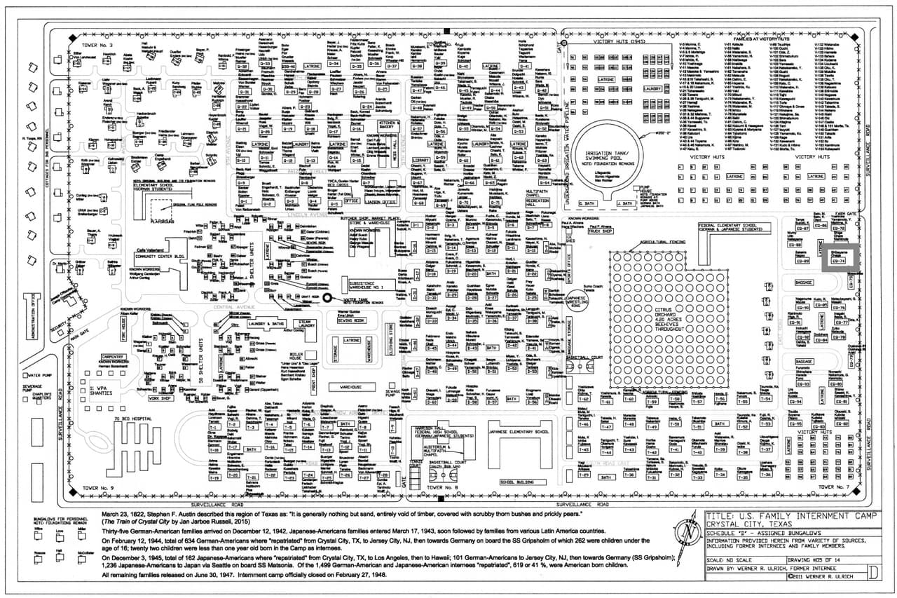 El gobierno del expresidente Franklin Roosevelt ordenó la detención y deportación de japoneses latinoamericanos por representar una amenaza al Canal de Panamá. La familia Shibayama fue trasladada del puerto de Callao a New Orleans, para finalmente llegar a Crystal City, donde un campo de concentración los esperaba. Los Shibayama vivieron en EQ-74, a la derecha de este mapa de Crystal City.