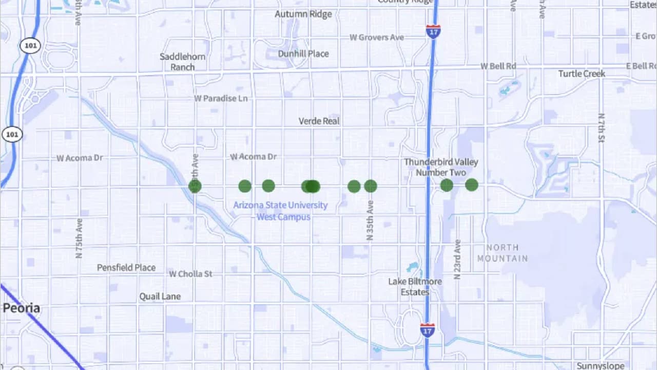 <b>Thunderbird Road</b> desde N 59th Avenue hasta N 21st Avenue, entre Phoenix y Glendale.
<br>Accidentes fatales: 10
<br>Accidentes por milla: 2.1.
