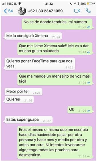 Enfrentando al desconocido, Geraldine Bazán, le hizo saber a su acosador que no caería en su trampa, además de que pubicó las capturas de pantalla de la conversación y las compartió en Instagram con el siguiente mensaje: "Ya van más de tres ocasiones que haciéndose pasar por otras personas recibo este tipo de mensajes, obvio desde distintos números, ¿con qué intención? La desconozco, mala, ¡claro está!".