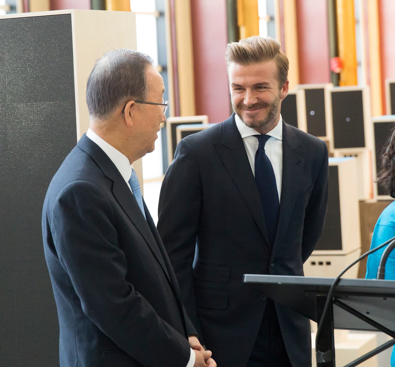 Beckham estuvo acompañado de Ban Ki-moon, secretario general de las Naciones Unidas.