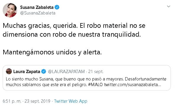 Susana Zabaleta, por su parte, recibió mensajes de aliento de algunos famosos. Uno de ellos fue de la actriz 
<b><a href="https://www.univision.com/shows/el-gordo-y-la-flaca/susana-zabaleta-contra-yuri-y-laura-zapata-por-el-tema-de-la-adopcion-entre-parejas-del-mismo-sexo-video" target="_blank">Laura Zapata</a></b>, quien le escribió: "Lo siento mucho Susana, 
<b>qué bueno que no pasó a mayores</b>. Desafortunadamente muchos sabíamos que este era el peligro".