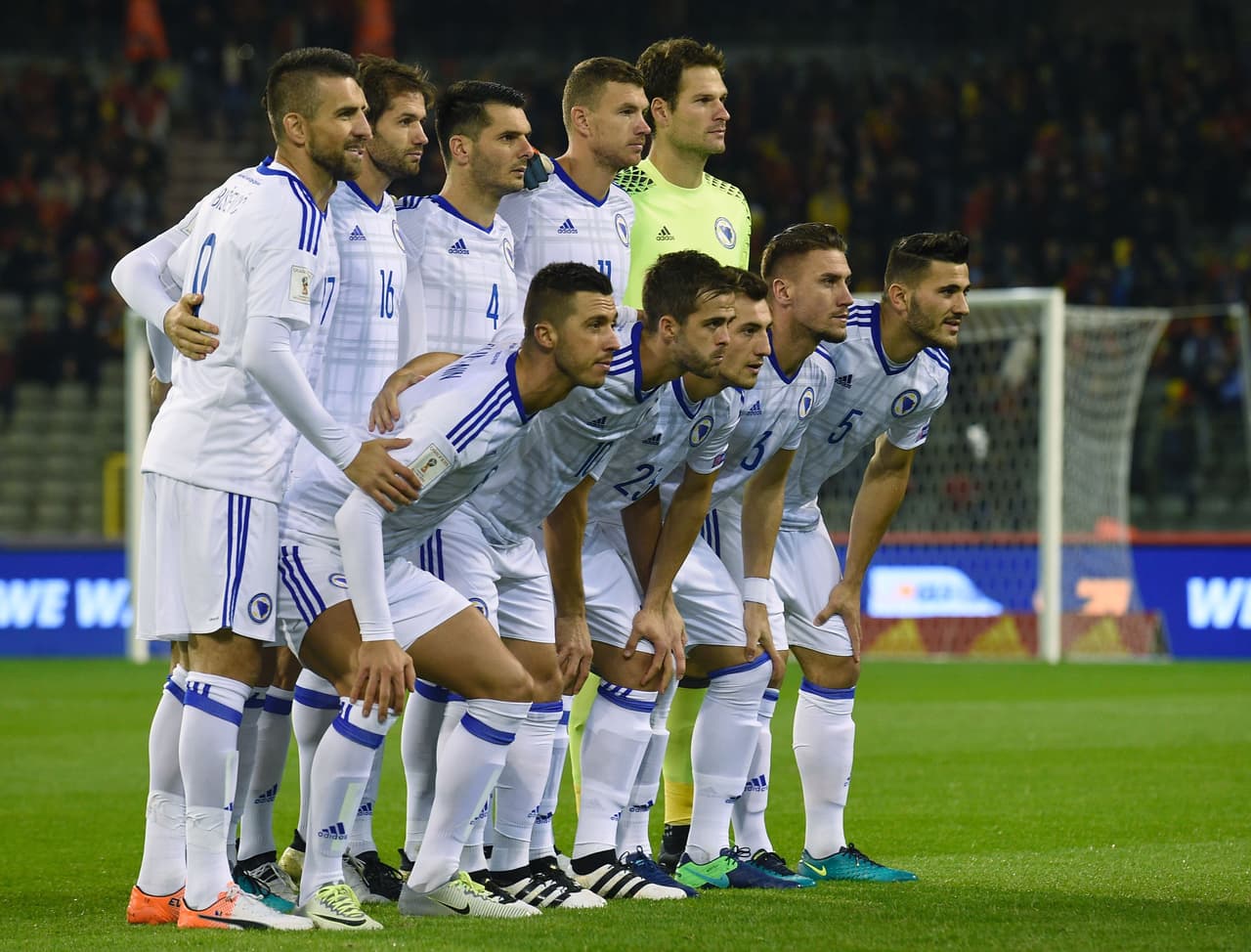 Bosnia and Herzegovina's national football team players pose for a picture ahead of the Fifa WC 2018 football qualification football match between Belgium and Bosnia and Herzegovina at the King Baudouin Stadium, on October 7, 2016 in Brussels. / AFP / JOHN THYS (Photo credit should read JOHN THYS/AFP/Getty Images)