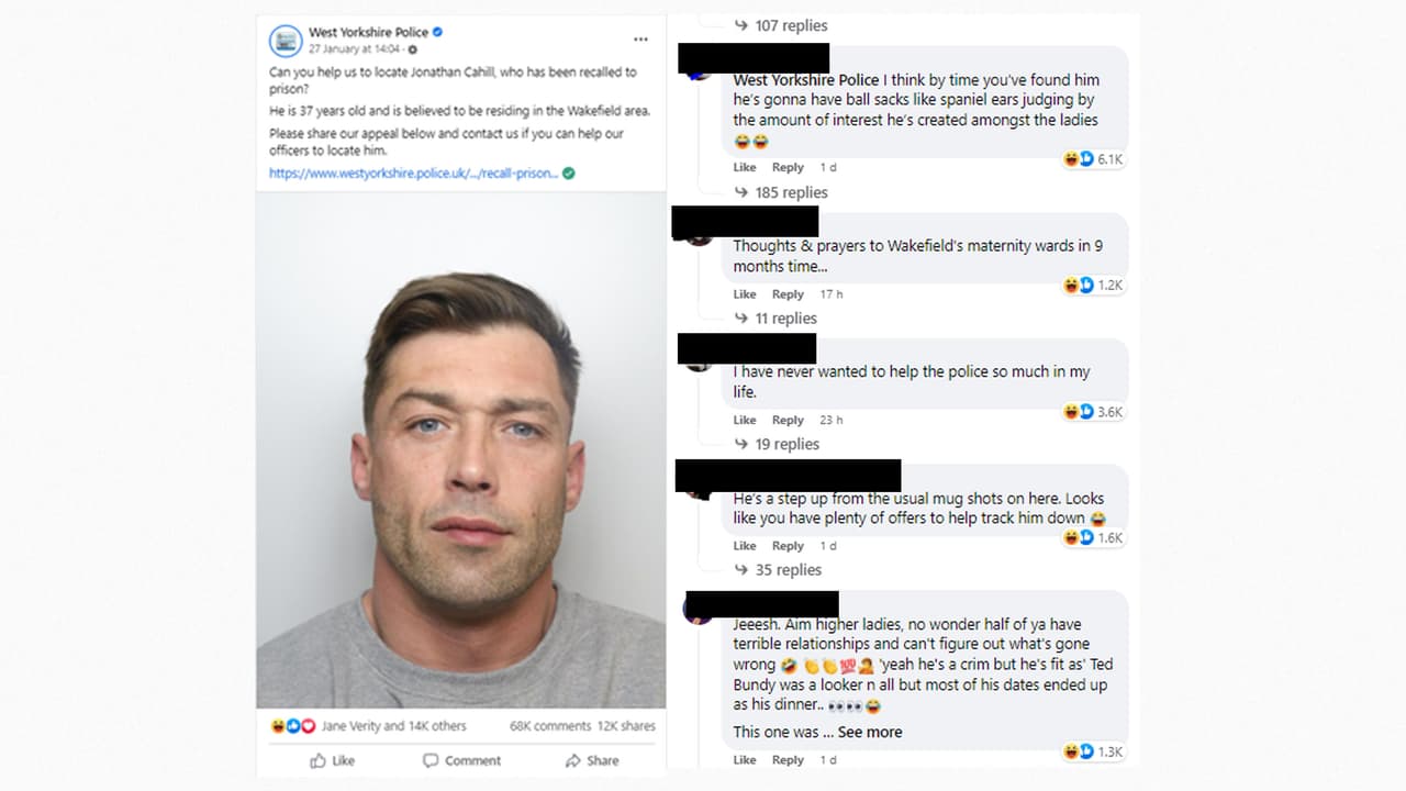 La publicación en las redes de la fotografía de Jonathan Cahill policial de Jonathan Cahiill y algunos de los miles de comentarios escritos en inglés.