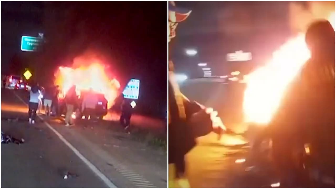 Salvan a conductor atrapado en vehículo incendiado y estallando en Texas