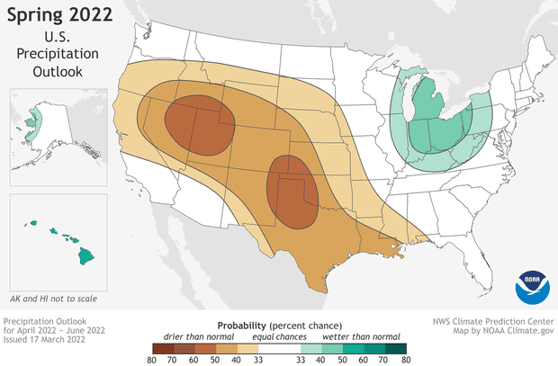 Por otra parte se esperan lluvias por encima de lo normal en la zona de los grandes lagos, el valle de Ohio y el noreste de Estados Unidos.