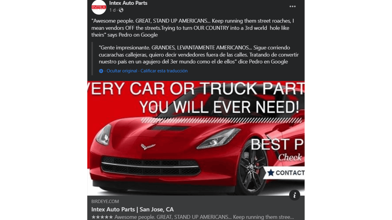 Captura de pantalla de los mensajes publicados en la página de Facebook de Intex Auto Parts.