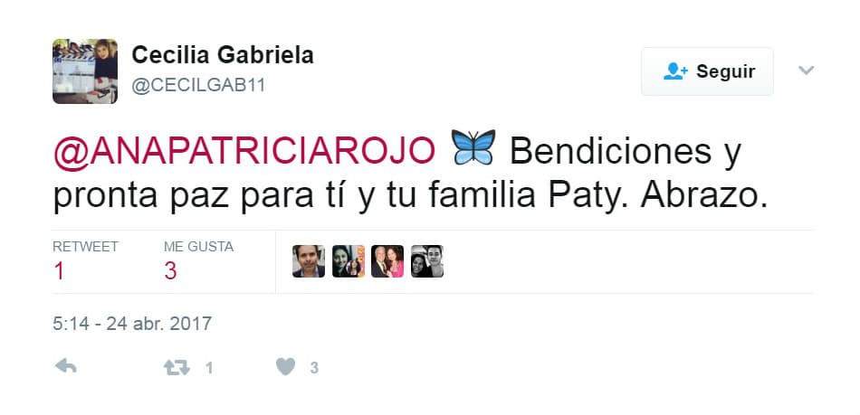 <b><a href="http://www.univision.com/temas/gustavo-rojo">Cecilia Gabriela</a></b> fue otra actriz que reaccionó ante la perdida de
<b>Gustavo Rojo</b> "@ANAPATRICIAROJO Bendiciones y pronta paza para ti y tu familia, Paty, Abrazo".