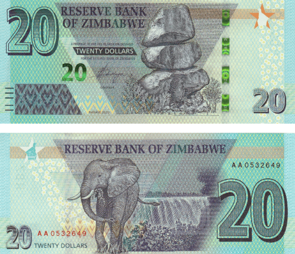 <h3 class="cms-H3-H3">21. Zimbabwe (20 dólares zimbabuense)</h3>
<br>
<br>En el frente, acompañando al azul predominante, se pueden ver 
<a href="https://www.theibns.org/joomla/index.php?option=com_content&view=article&id=802&catid=13&Itemid=51" target="_blank">las rocas de equilibrio de Chiremba en Epworth, el pájaro de Zimbabwe como dispositivo de registro. </a>
<br>
<br>Mientra tanto, en la parte trasera hay un elefante y una imagen de las cataratas Victoria. 
<br>