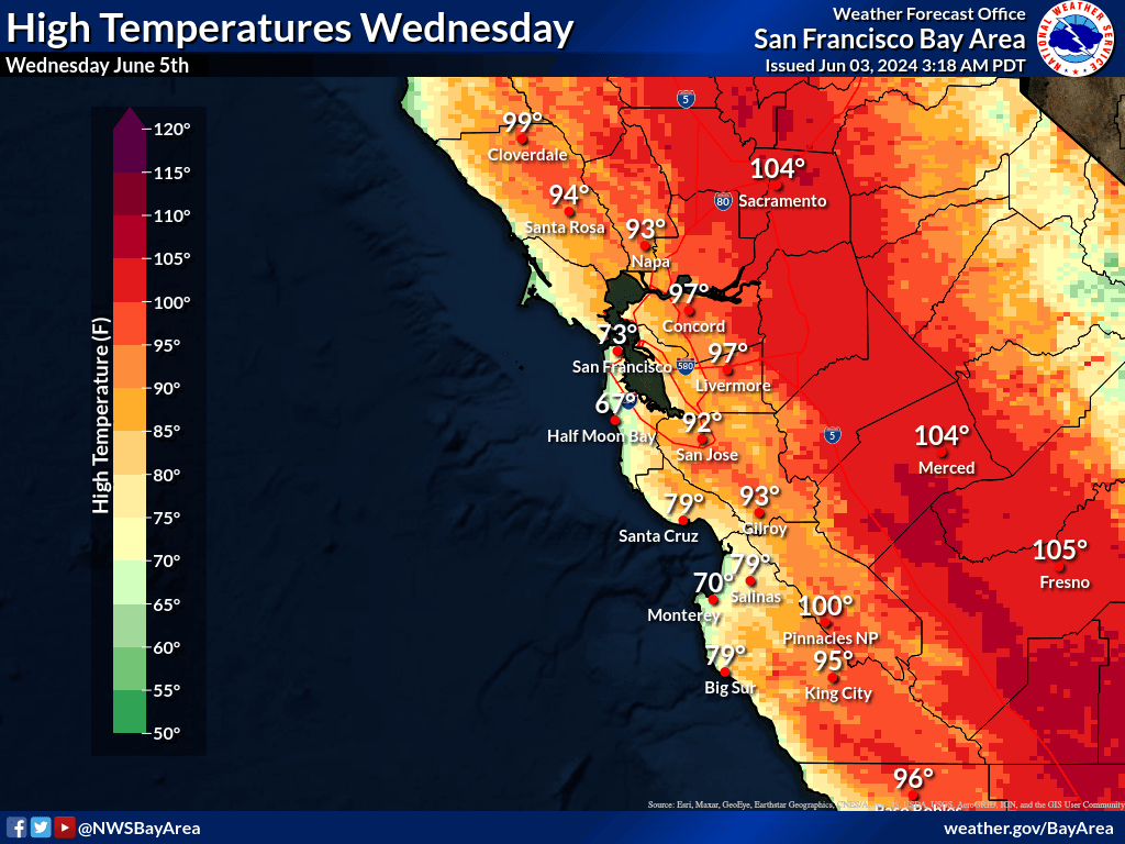 Mapa de las temperaturas para este miércoles 5 de junio.