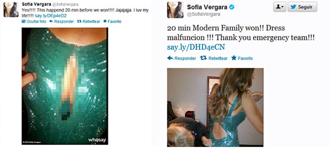 El vestido verde entallado que usó se le rompió en el trasero, por lo que tuvo que pedir ayuda para que se lo cosieran. Compartió las imágenes en su cuenta de Twitter, las cuáles borró después y el portal 
<a href="https://www.elmundo.es/elmundo/2012/09/24/gentes/1348477779.html" target="_blank">El Mundo</a> logró capturar.