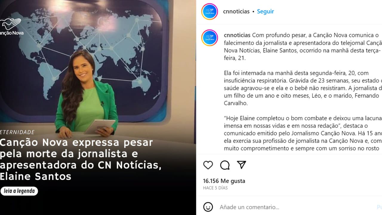 La cadena Canção Nova confirmó la muerte de Elaine Santos con este comunicado.