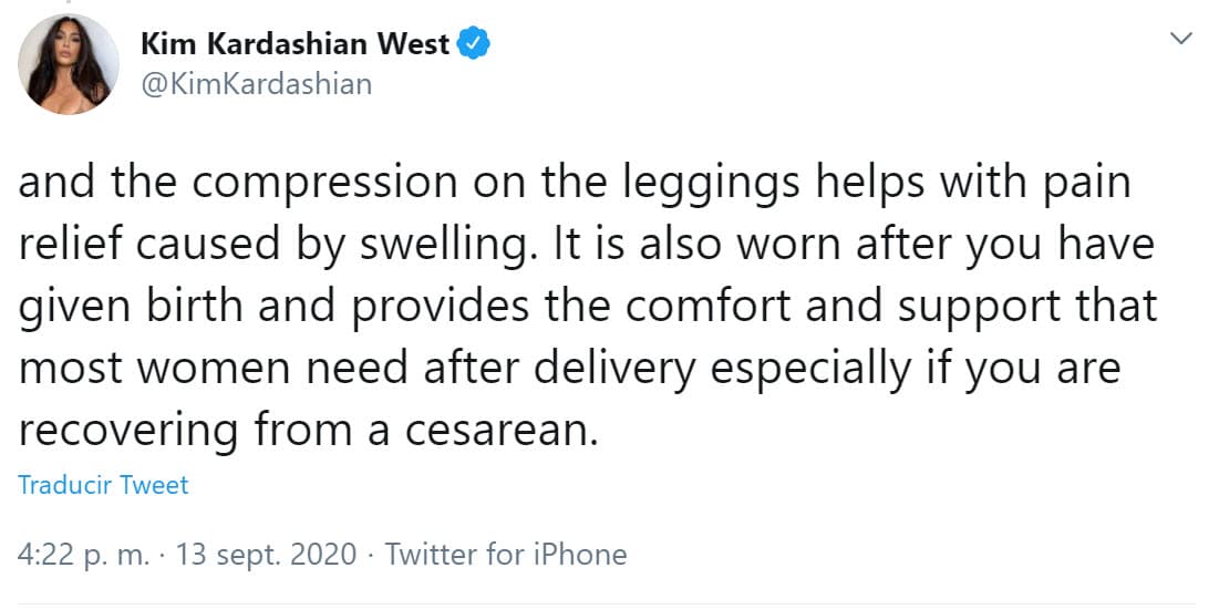 Además, dijo que las mallas de compresión que complementan la línea "
<b><a href="https://twitter.com/KimKardashian/status/1305255505133277186" target="_blank">ayudan a aliviar el dolor</a></b> causado por la hinchazón".
<br>