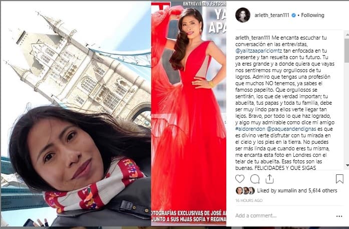 "No puedes ser más linda que cuando eres tu misma, me encanta esta foto en Londres con el telar de tu abuelita. Esas fotos son las buenas", dijo Therán mientras comparaba la foto de la portada con una al natural de Aparicio.